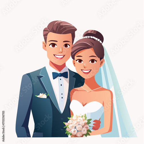 Happy couple celebrating wedding day, bride and groom in formal attire holding bouquet, vector illustration