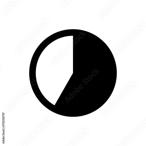Black circle with a white section cut out by a diagonal line creating a pie chart like appearance design