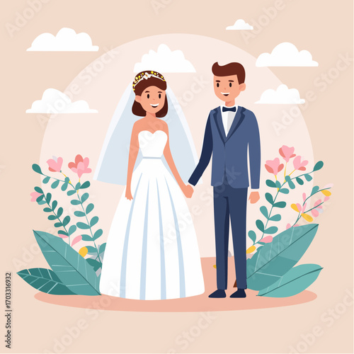 Elegant flat vector illustration of a romantic wedding scene with a stylish bride in a white gown and groom holding hands