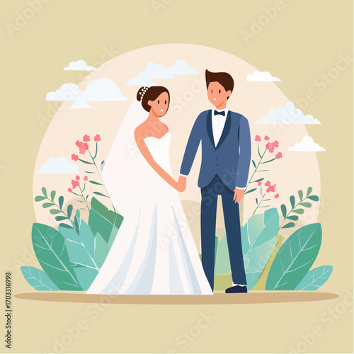 Happy newlywed couple holding hands during their wedding ceremony in a beautiful natural setting surrounded by flowers