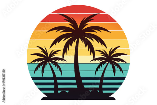 Silhouette of vibrant palm trees stands against retro gradient sunset backdrop creating beachy vibes