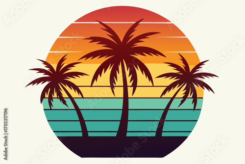 Wallpaper Mural Three dark palm trees stand on an island against a gradient retro sunset landscape Torontodigital.ca