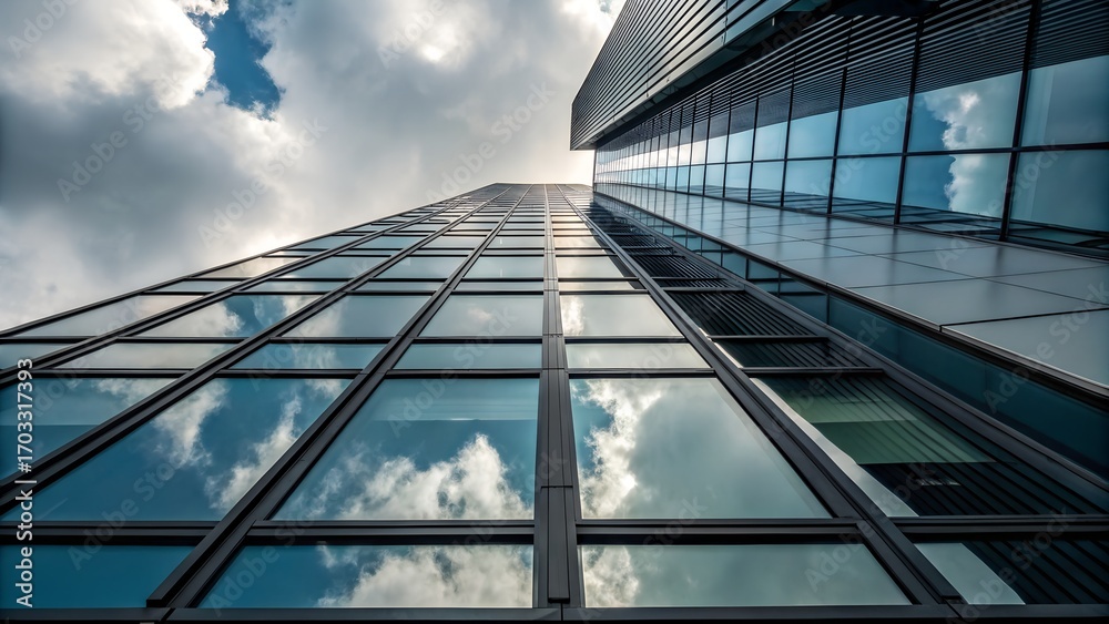 Obraz premium Glass Skyscraper Reflecting Sky and Clouds – Architecture, Geometry, Urban, Minimalism, Light Play, Conceptual