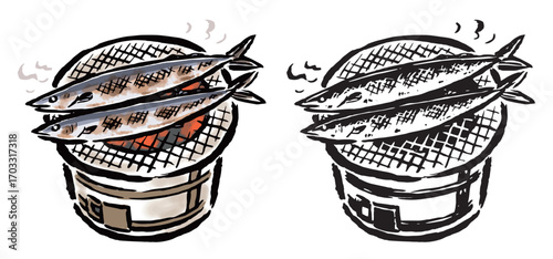 七輪で焼く魚（秋刀魚）　カラー・線画のセット