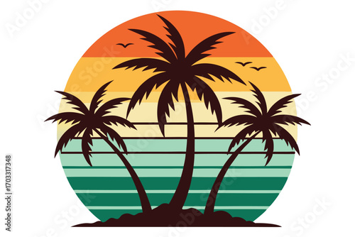 Silhouette of three palms with birds flying during sunset in a tropical landscape