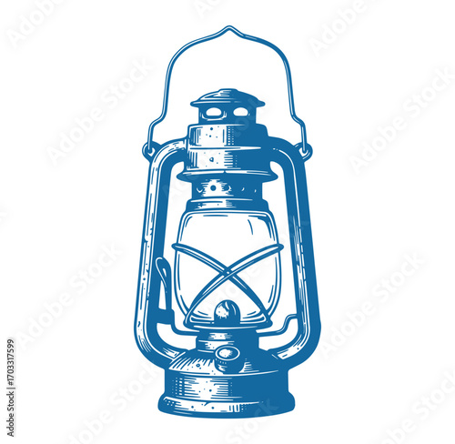 Detailed vintage blue oil lamp illustration for camping and adventure concepts