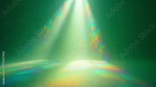 Abstract green background with spectral light rays and colorful reflections effect