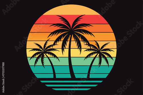 Retro sunset silhouette showcases three detailed palm trees on a colorful circle backdrop