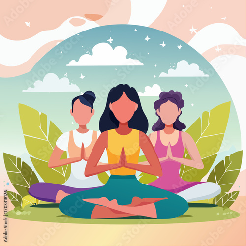 Serene illustration of three women meditating in a lotus pose during a group yoga practice in nature
