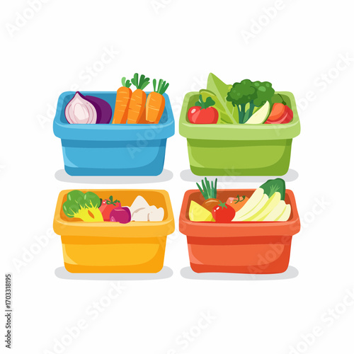 Colorful plastic containers filled with fresh chopped vegetables and ingredients, representing a healthy meal prep and organized food storage concept