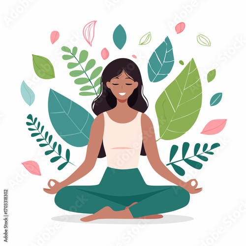 Peaceful woman in a yoga pose, illustrating the concept of meditation, mindfulness, and healthy well-being with nature