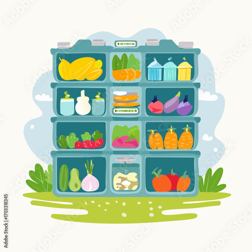 Vector illustration of a community food shelf outdoors, filled with an abundance of fresh, healthy vegetables and produce for sharing