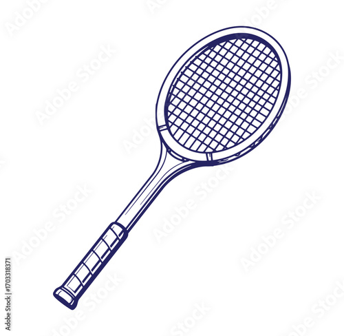 Elegant blue hand drawn illustration of a classic tennis racket isolated on white