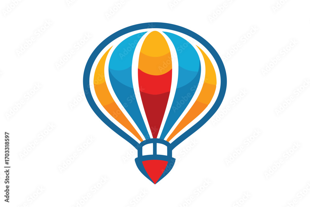 Naklejka premium Stylized air balloon icon showcases vibrant blue, red, and orange color combination on white
