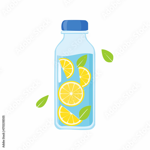 Vector illustration of a bottle with fresh lemon slices and mint leaves, a refreshing concept for hydration and wellness