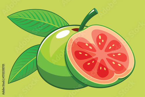 Cartoonstyled guava fruit sits beside a cut guava exposing its vibrant red flesh and leaves