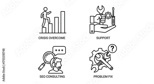 Vector illustration of four icons representing business concepts crisis overcome, support, seo consulting, and problem fix