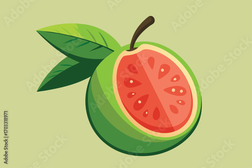 A sliced cartoon guava reveals its red pulp while its green leaves flutter