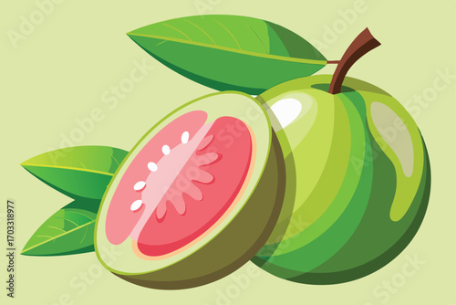 Fresh guava fruit with vibrant green leaves and a sliced pink interior are seen