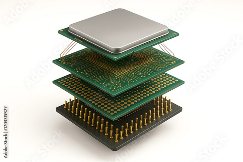 High-Detail 3D Render of CPU Chip with Floating Internal Layers on White Background