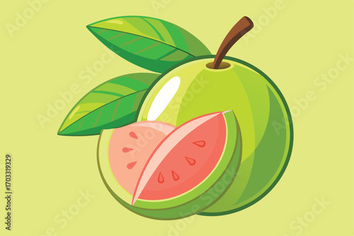 Cartoon guava with green leaves displays a slice of pink flesh for a fresh visual