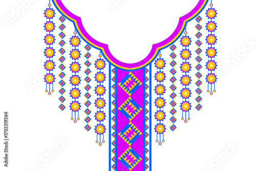 Bright tribal ethnic neckline in magenta, royal blue, and yellow. Geometric floral ornaments for fashion, fabric prints, embroidery, and digital textile design.