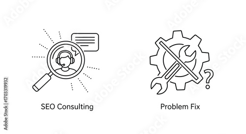 Vector illustration of seo consulting icon with magnifying glass and headset, and problem fix icon with wrench and question mark