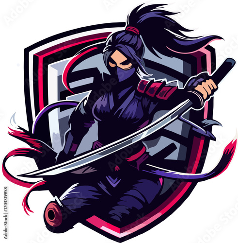 Female Ninja Mascot with Katana Sword Esports Logo Vector Illustration