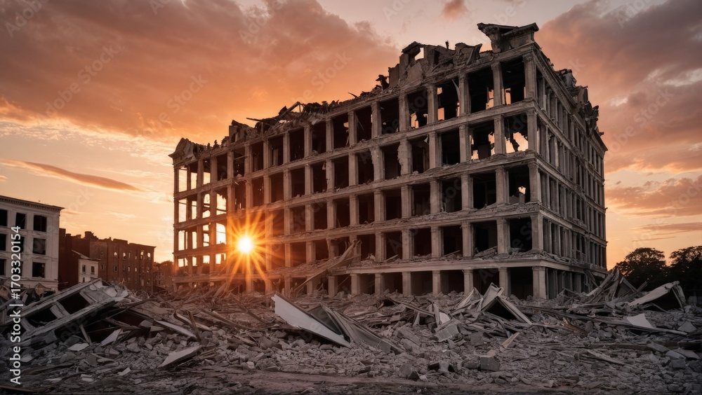 Fototapeta premium 戦争、核戦争、廃墟、大災害、ビル, 空, 夕焼け, 家, 建築, 古い, 雲, シティ, 建造, 風景,