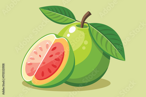 Sliced guava displays its red pulp beside the whole fruit with leafy foliage
