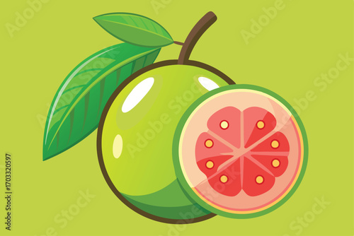 Green guava with slice and leaves displayed against a light green background conveys freshness