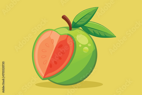 Cut guava displays red flesh with seed detail and green skin against a solid background