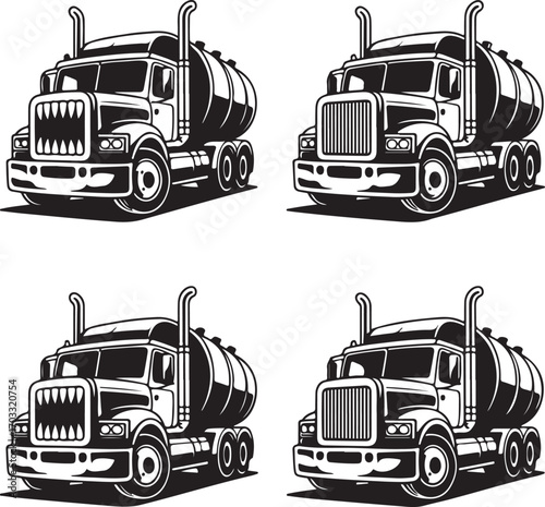 Four Black Silhouette Tanker Trucks With Fierce Grilles vector illustration