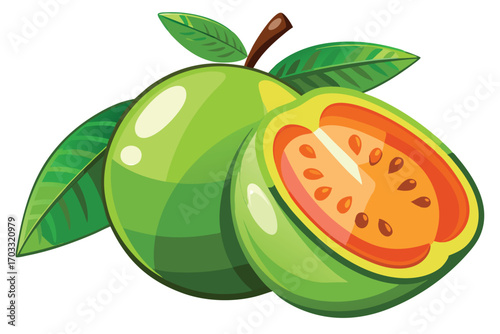 Fresh guava fruit alongside a halved piece displaying juicy orange pulp and seeds