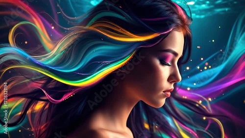 A woman lost in thought in a dreamy atmosphere as her beautiful, rainbow colored hair sways.