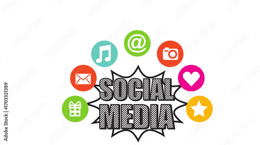 Fototapeta premium Colorful social media concept design with a network of digital communication icons for online sharing and networking