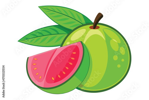Juicy guava fruit with red flesh and green skin displayed with leaves
