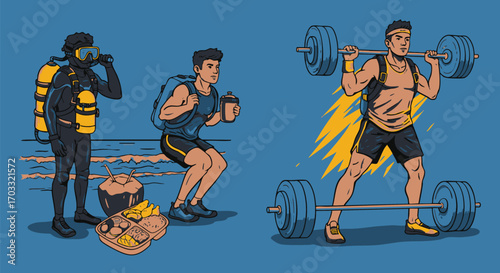 Diverse Activities Including Scuba Diving, Hydration, and Weightlifting Representing Health and Fitness