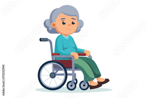 Smiling elderly woman with gray hair sits comfortably in her wheelchair peacefully