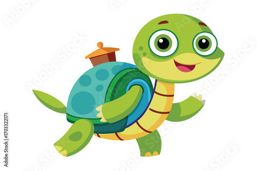 Cartoon green turtle carrying a small house on its shell cheerfully walks along
