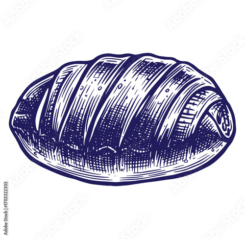 Hand drawn engraved croissant illustration in dark blue isolated on white background