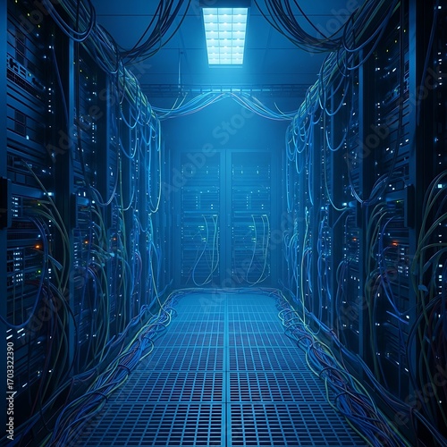 A vast server room, illuminated by a cool blue light, showcases complex wiring and numerous computer systems.