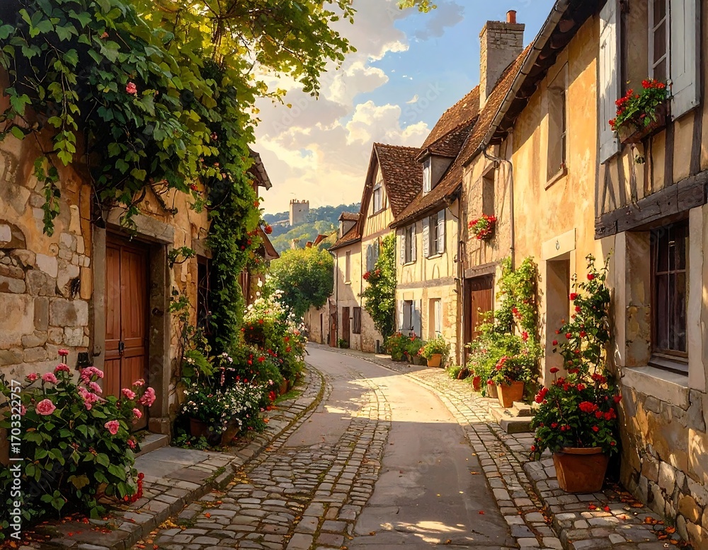 Naklejka premium Charming medieval streetscape with floral accents in a tranquil village