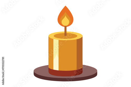 Lit candle with orange flame sits calmly on a brown ceramic base softly