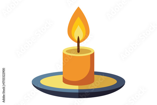 Animated cartoon candle with burning yellow flame rests atop a gray and gold holder