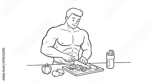 A fit, shirtless man preparing a healthy meal by cutting fresh vegetables on a board. Concept of athletic diet and clean eating