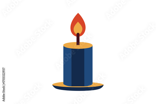A burning candle with an orange flame on top of a blue and gold base