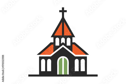Orange roofed building with cross atop shows black frame and green door