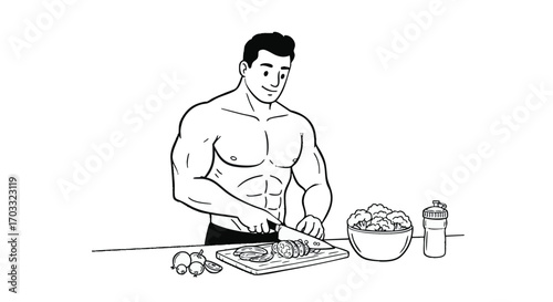 A strong, muscular man focused on preparing a healthy meal, chopping fresh vegetables on a wooden board for his fitness diet