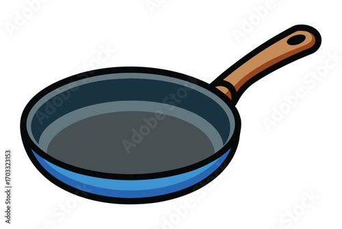 Round frying pan with blue edge and brown handle sits on a white backdrop